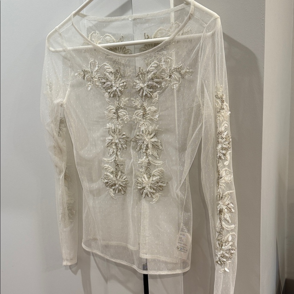 Anthropologie Sheer Embroidered Blouse - Cream